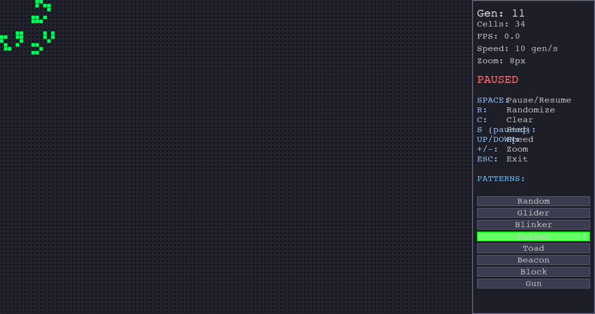 Pygame Game of Life visualizer showing a paused pulsar simulation and interactive controls